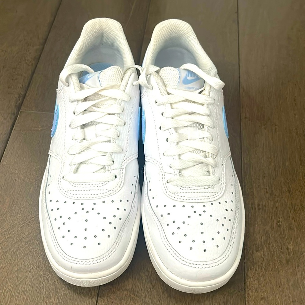 Women’s Nike court vision white leather with light blue swoosh size 7